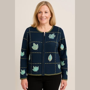 CHRISTOPHER & BANKS Vintage 90s Blue Green Patchwork Hand Embroidered Leaf Full Heavy Cotton Ramie Knit Zip Cardigan Sz M