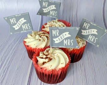 Mr and Mrs Wedding Cupcake Toppers, 12 Cupcake Toppers, Double Sided, Wedding, Engagement, Anniversary