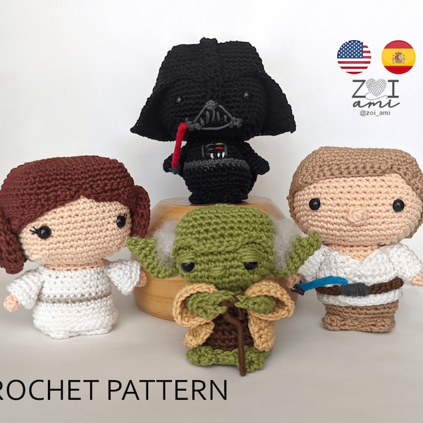 Star Wars PDF HÄKELANLEITUNG (Prinzessin Leia, Luke Skywalker, Darth Vader und Yoda), diy Amigurumi Puppe, Funko Spielzeug