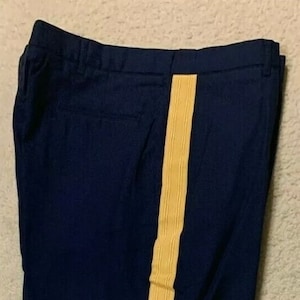 May include: Dark blue pants with a single yellow stripe down the outside of each leg.