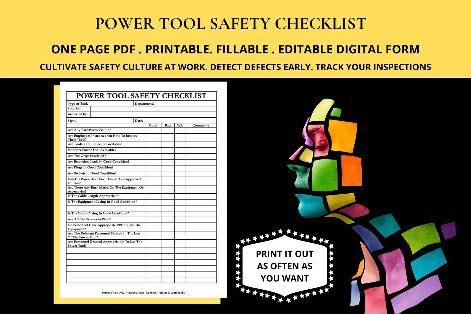 Power Tools Safety Check & Maintenance Log Hand Tools Inspection