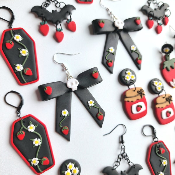 Death by Strawberry cottagecore x goth polymer clay earrings