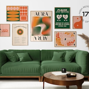 Retro Aura Affirmation Boho Trendy 70er Jahre Kunst Printable Gallery ästhetischer Raum Dekor 7er Set Collage Wand Wohnheim Wall Art grün rosa orange