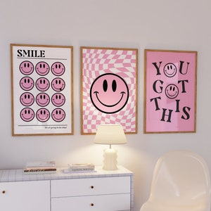 Smiley Face Art Prints Gallery Aesthetic Room Decor Set of 3 Motivational Art Y2K Decor Printable Art Retro Wall Collage Preppy Pink Room