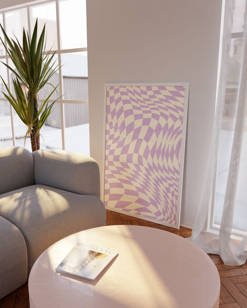 Wavy Checkers Modern Aesthetic Room Decor Avant Basic Lavender Cream