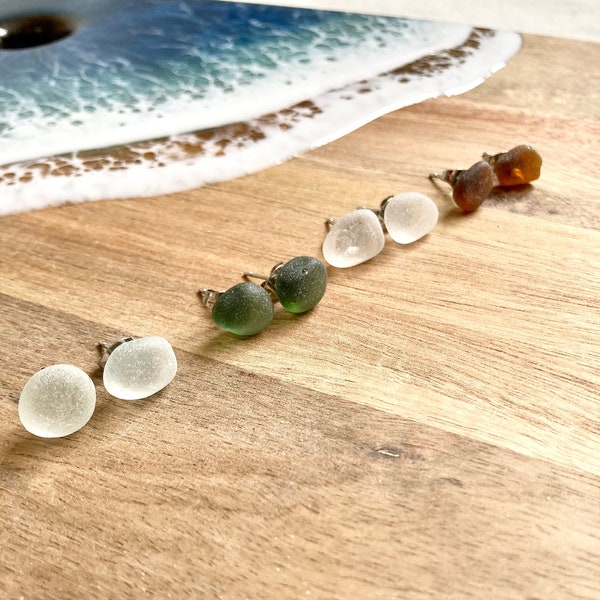 Seaglass Stud Earrings, Resin, Hypoallergenic Stainless Steel, green, brown, white and pale aqua