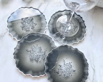 Black and Silver Resin Coasters, Irregular Edge, Coaster Set, Agate Geode Style