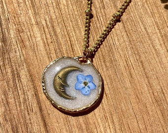 Golden Moon and Forget Me Not Resin Pendant Necklace, Celestial Jewellery, Real Pressed Forget Me Not, Sleeping Moon, Gold Plated, Satellite