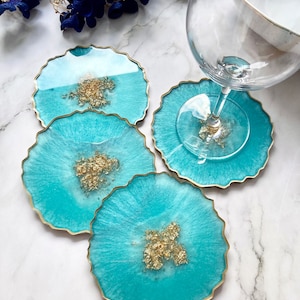 Turquoise and Gold Resin Coasters, Irregular Edge, Coaster Set, Agate ...