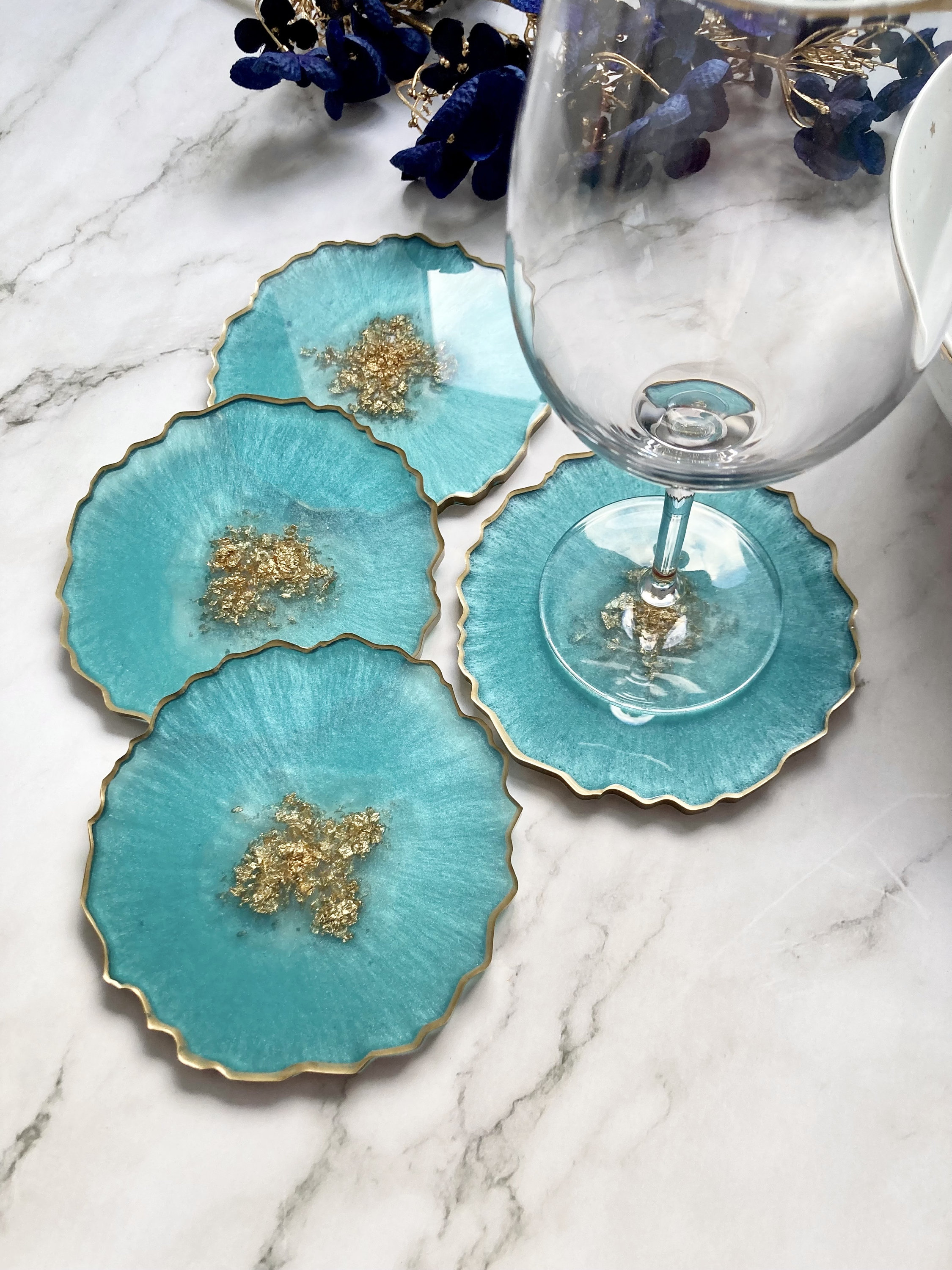 Turquoise and Gold Resin Coasters, Irregular Edge, Coaster Set, Agate ...