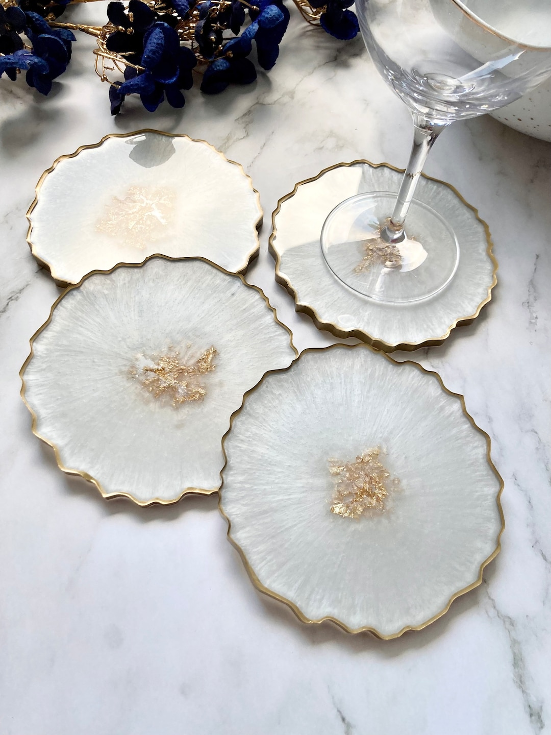 Pearly White and Gold Resin Coasters, Irregular Edge, Coaster Set ...