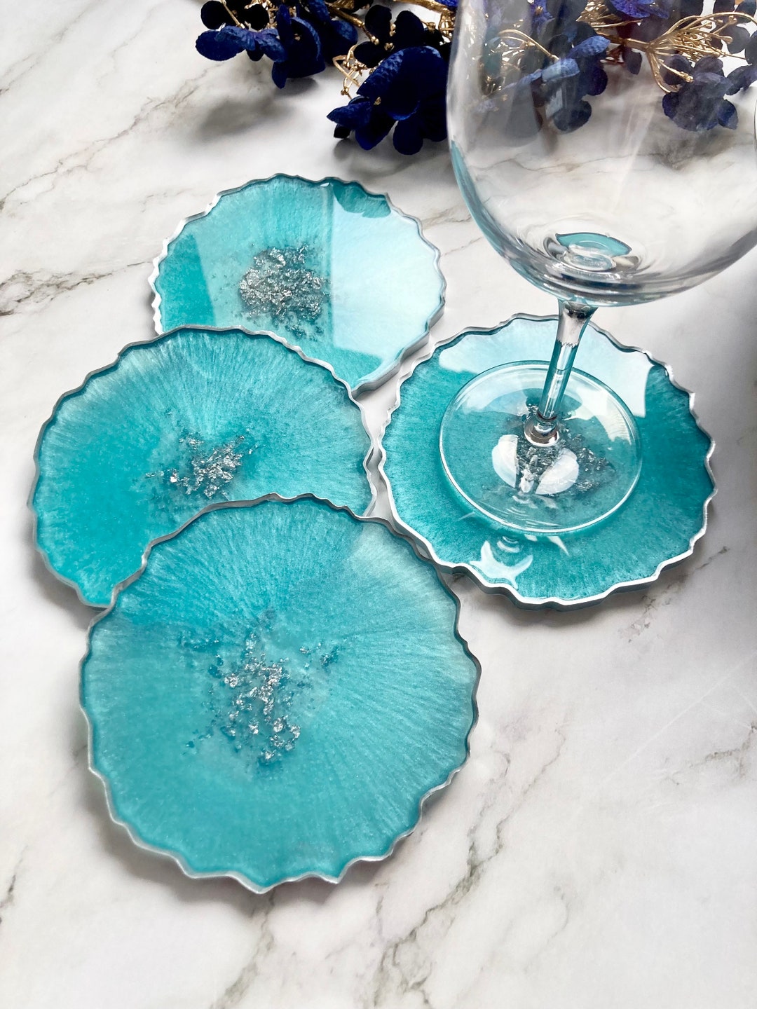 Turquoise and Silver Resin Coasters, Irregular Edge, Coaster Set, Agate ...