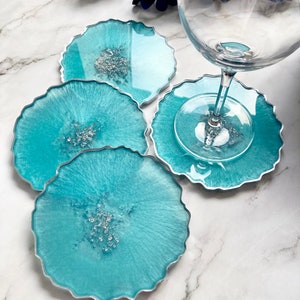 Turquoise and Silver Resin Coasters, Irregular Edge, Coaster Set, Agate Geode Style