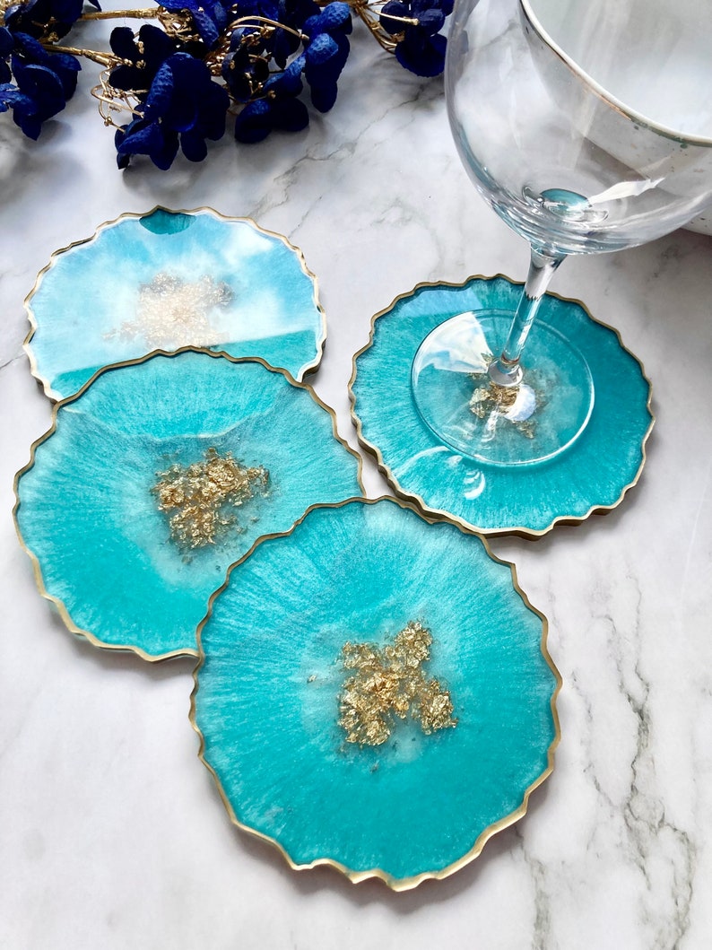 Turquoise and Gold Resin Coasters, Irregular Edge, Coaster Set, Agate ...