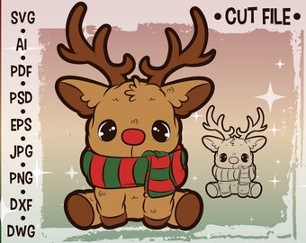 kawaii reindeer svg. kawaii christmas clipart for digital stickers, includes svg files for cricut