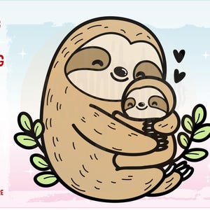 Adorable archivo digital de mamá perezosa abrazando a su bebé - Ilustración Kawaii para impresiones y máquinas de corte Cricut