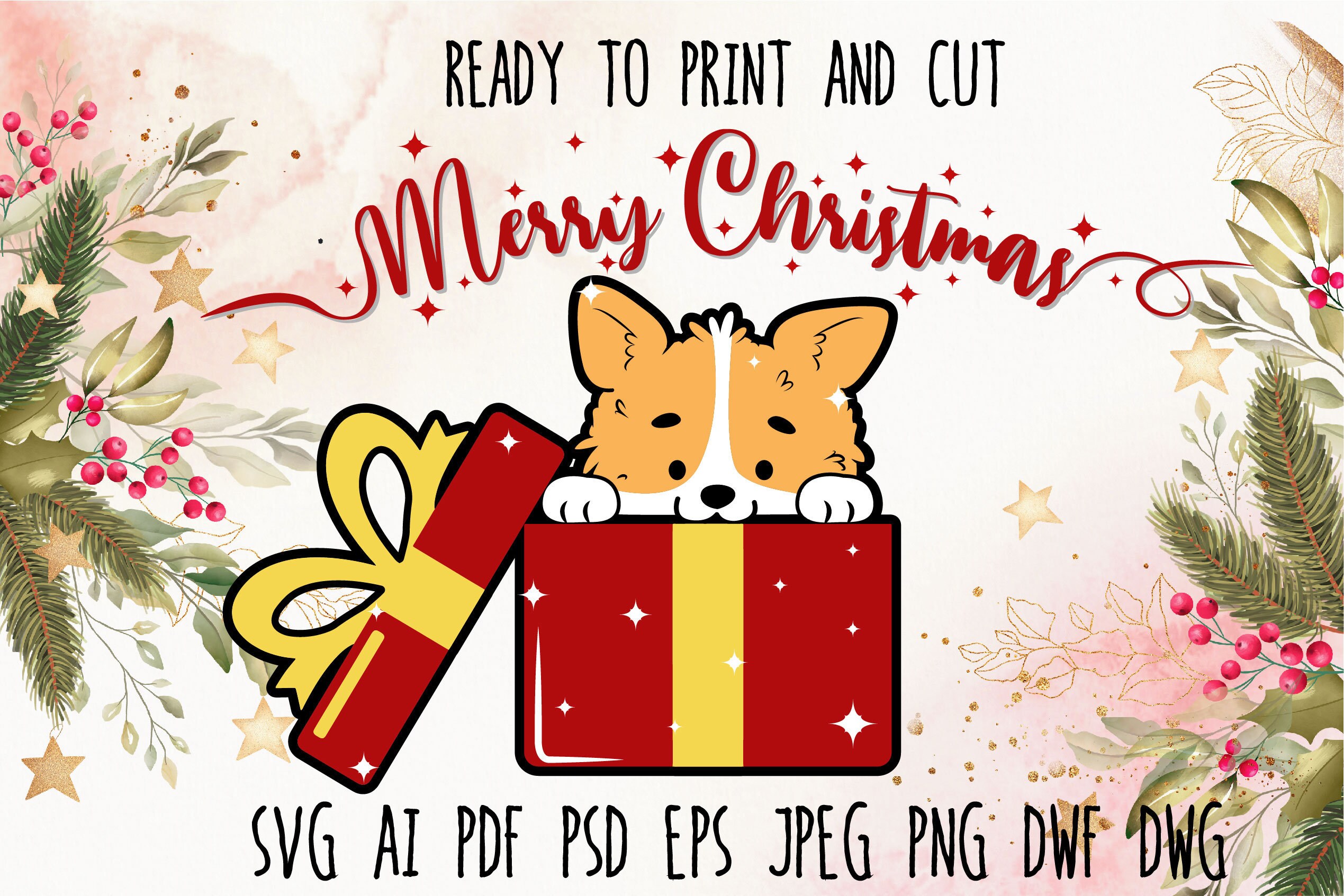 Corgi christmas gift printable card sticker clipart SVG cut | Etsy