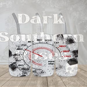 May include: Three white tumblers with a black and white speedometer design. The speedometer has a red needle and the words "MPH 357" printed on it. The tumblers have a distressed look and are perfect for adding a touch of personality to your home.