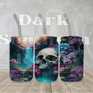 May include: Three stainless steel tumblers with a skull and floral design. The tumblers feature a waterfall, flowers, and a skull with a blue background. The tumblers have clear lids and straws.