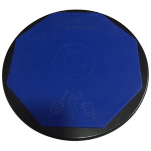 May include: Blue practice pad with a black rim and a small circle in the center. The pad has a graphic of two drumsticks and a cartoon figure with a beard.