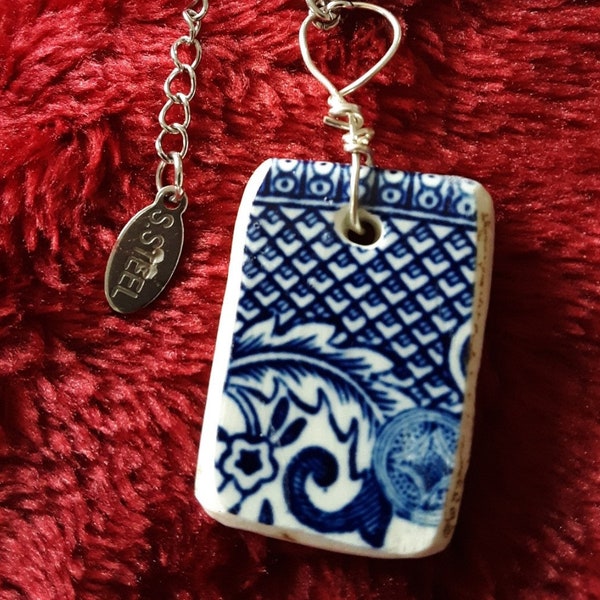 Shard pendant necklace- Vintage blue and white rectangular - Fine English tableware now necklace pendant