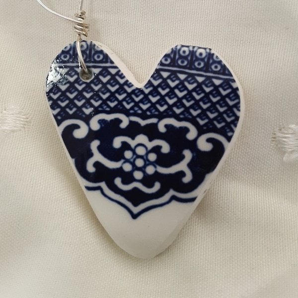 Blue and white Churchill plate now a beautiful one of a kind heart vintage necklace, Hand crafted heart necklace