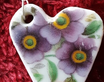 Lavendar and orange flowered heart pendant necklace- recycled, youthful, vintage.