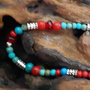 Beaded bracelet/anklet - turquoise, silver and red, hand beaded. Youthful, slim design, stacks easily.