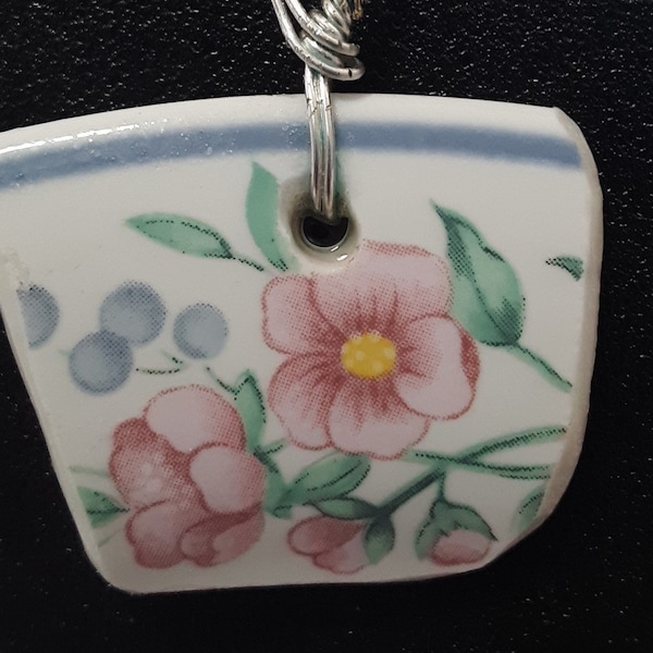 Broken china is now a ladies necklace pendant- pink blossoms straight from the garden- vintage