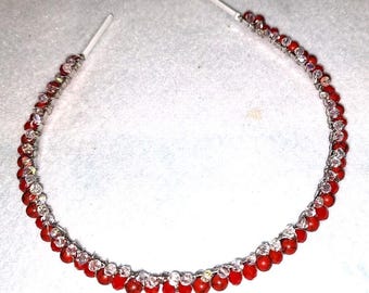 Skinny, headband, red turquoise beads with clear crystals, for any special occasion