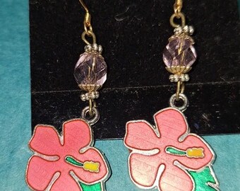 Earrings, colorful pink hibiscus, Perfect for garden lovers. Tropical wear.