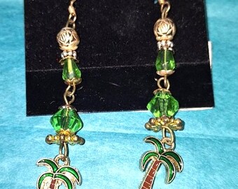 Enamel Palm Tree Earrings, Green Faceted Glass, Gold Spacers, Beach Vacation Jewelry