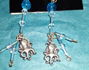 Silver Octopus Earrings, Blue Glass Beads, Extra-Long Pierced Dangle (3 1/4 inches)