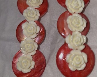 Pair of slide on barrette- salmon mother of pearl tiles back white roses. 3 inch.
