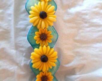 Barrette- Sky blue mother of pearl tiles, back yellow flowers. 3 3/4 inch.