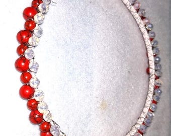 Headband, skinny, red turquoise beads with frosted crystals, glam for any special occasion.
