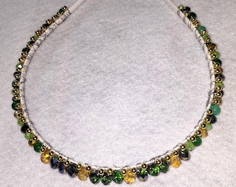Headband, slim- green and gold crystals with gold accent beads, glam for any special occasion