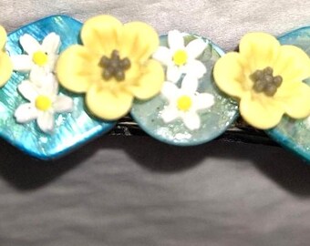 Barrette- Sky blue mother of pearl tiles, back yellow and white flowers. 3 1/4 inch.