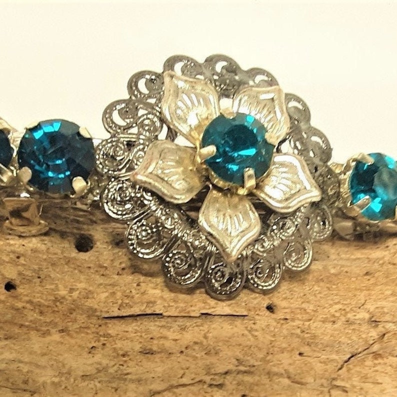 Hair Barrettes Gunmetal and Silver With Dark Teal Crystal Rhinestones