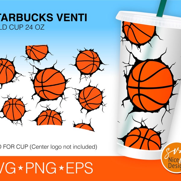 Basketball Breaks Wall No Hole Design Cold Cup Svg, Basketball Lover Seamless Full Wrap Venti Cold Cup 24 Oz Cricut Cut File Svg Png & Eps