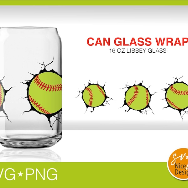 Softball Breaks Wall Can Glass Wrap Svg, Softball Fan Athlete Decal Gift Idea Seamless Full Wrap Libbey Can Glass 16 oz Cricut File SVG PNG