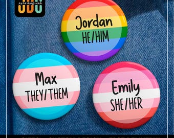 Insignia personalizada con pronombre de la bandera del orgullo: botón con etiqueta de nombre LGBTQ+ personalizado, pines de género de regalo