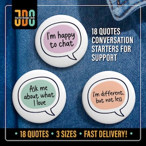 18 Autism Conversation Starters Pin, Hidden Disability Badge, Autism Pin Badge Button, Communication Badge Mental Health Awareness Gift Idea