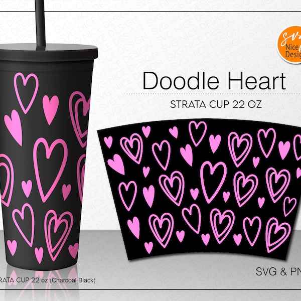 Pink Doodle Hearts Strata Cups Svg, Cute Hand Drawn Heart Gift Idea DIY Seamless Full Wrap DIY Strata Cup 22 Oz Cricut Cut File Svg & Png