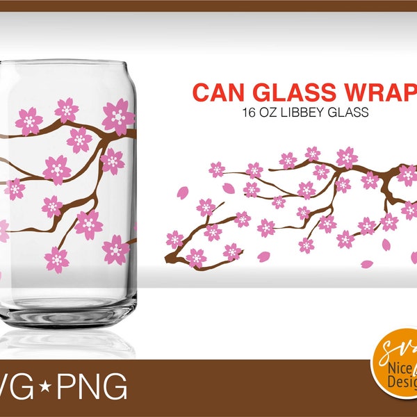 Japanese Cherry Blossom Can Glass Wrap Svg, Sweet Pink Sakura Decal Gift Idea DIY Full Wrap Libbey Can Glass 16 oz Cricut Cut File SVG PNG