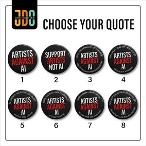 8 anti-AI pin designs, including “Artists Against AI” and “Support Artists Not AI.” Encourages real human creativity movement and handmade art awareness.