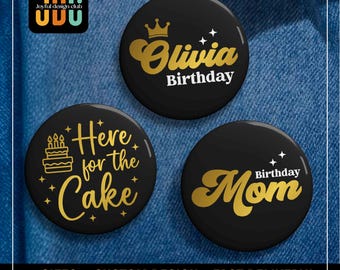 Pin de cumpleaños personalizado: Insignia personalizada de cumpleaños, botones de fiesta negros y dorados para el equipo familiar