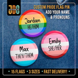 Custom Pride Flag Pronoun Pin Badge : Personalized LGBTQ+ Name Tag Button, Gender Pins Gift