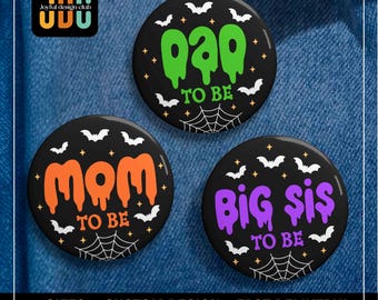 Insignia de Halloween con temática de familia espeluznante: botón de recuerdo para baby shower, anuncio de embarazo