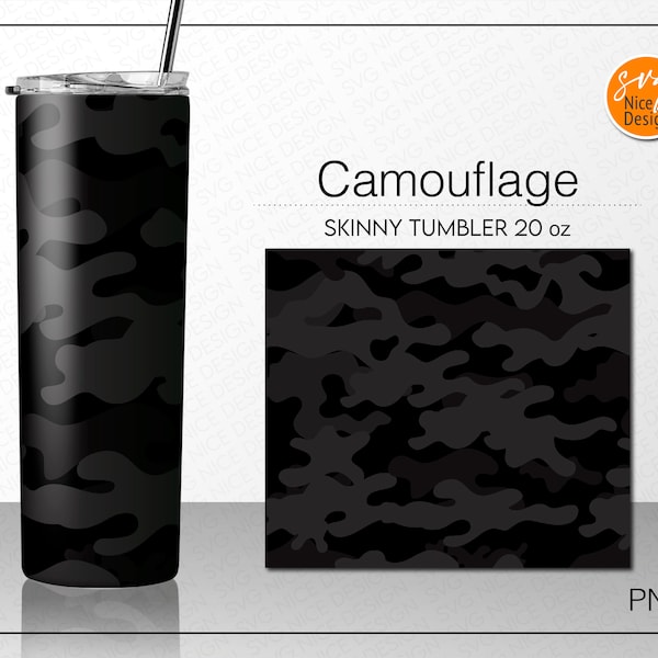 Black Camouflage Skinny Straight  | Tapered Tumbler Png, Camo Pattern Print Full Wrap for Skinny Tumblers 20 oz Sublimation File Png
